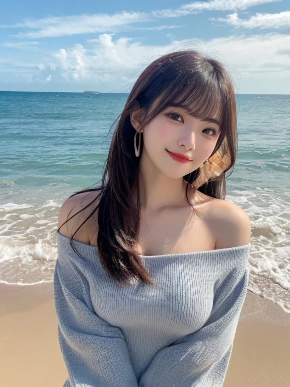best quality, ultra high resolution, (photorealistic: 1.4), (detailed beautiful girl: 1.4), (medium breasts: 0.8), olhando_no_visualizador, detailed facial details, beautiful and detailed eyes, (brown hair), brown eyes, smile (makeup: 0.4), red lips, (full body, sitting, beach, high waves, ), very detailed clothes, (ulzzang-6500-v1. 1:0.3) \, cats, strong wind,