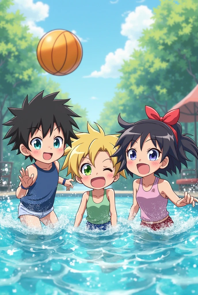 One boy enrolled a girl, at the beach, and there were 3 children playing beach volleyball in front of him