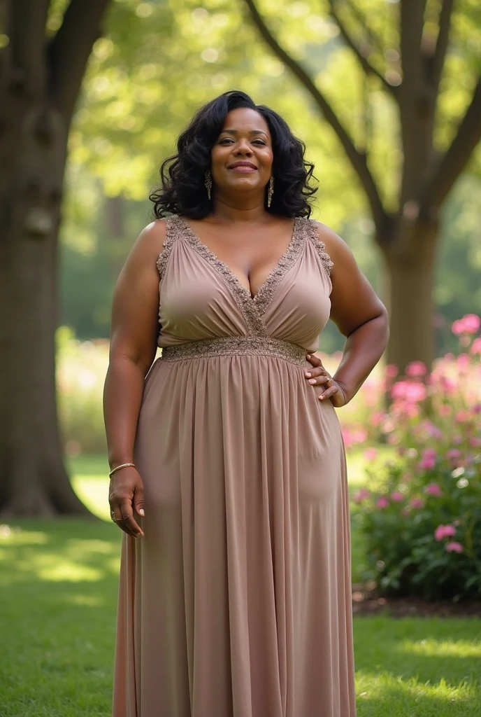 black woman, 50 years old, fat, curly hair to her shoulders. wearing a pink dress.