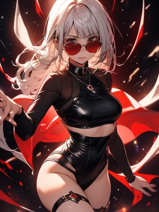 Masterpiece, best quality, aesthetic sense, high resolution, beautiful woman drawn in the best quality and detail, wearing a jacket, black tight pants, smoking a cigarette, long silver hair, red eyes, a woman with sunglasses shifted to reveal her eyes