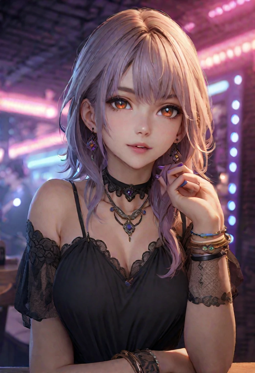 masterpiece, best quality, very detailed, high resolution, expensive resolution, high resolution, 4K, 8k, Unity 8k wallpaper, highly detailed CG, masterpiece, 2D, 3D, beautiful details, depth, fine texture, best quality: 1.3, perfectly focused, crispy skin, he,
Very cute anime girl, two girls who are employees of a night bar, sexy dress, big breasts, expensive pink medium long hair and brown short hair, two girls, night bar, mole under eye, looking at the viewer, expensive, blush, mole, lips parted,, heart, pink eyes, choker