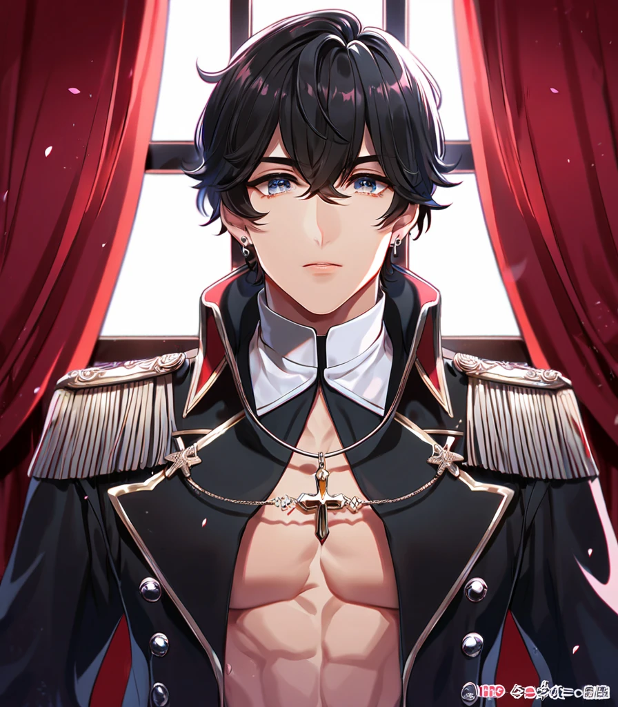 A boy with gold eyes soft short hair wgold black red boy hot that love chaos energy