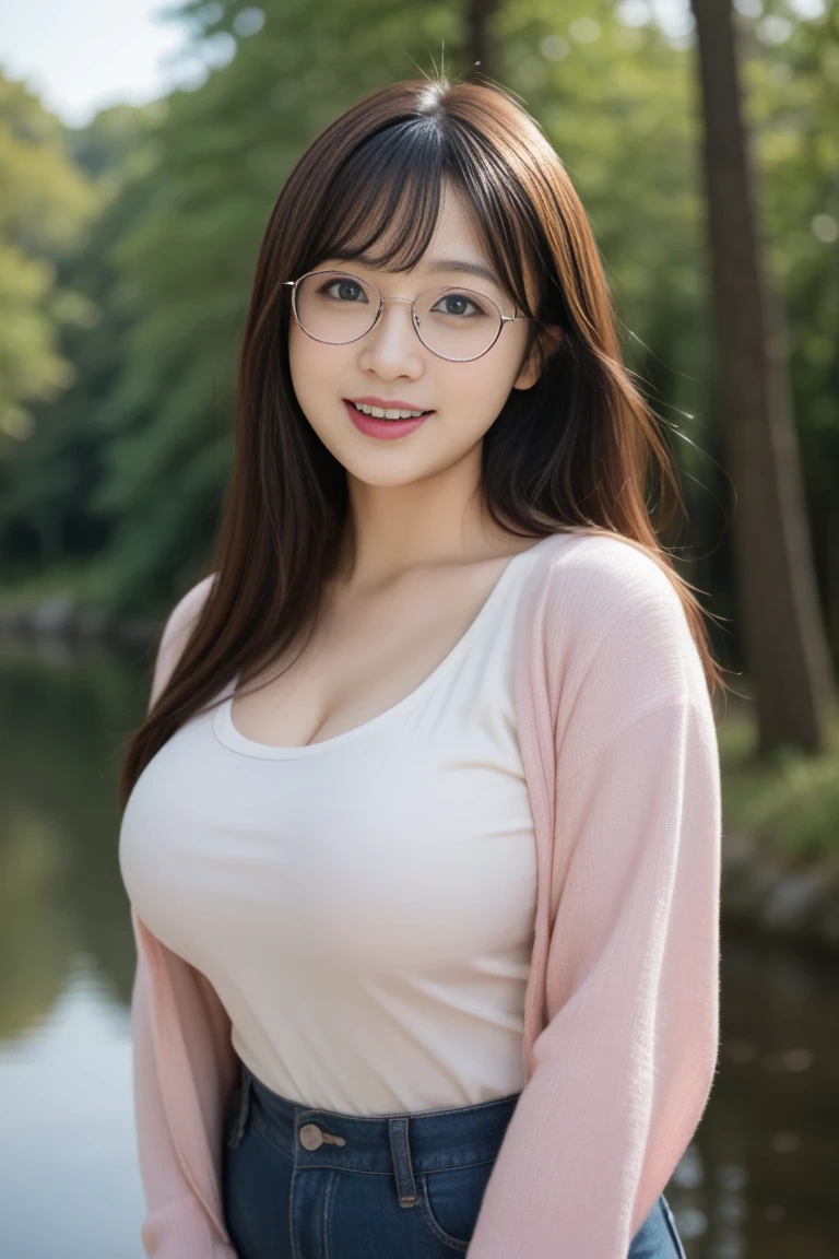 Ulzzang-6500-v1.1,(OriginalPhotographs:1.2), (Photorealistic:1.4), beautiful detailed girl, beautifuleyes,big eyes,Low-cut T-shirt,Tight T-shirt,blackstockings,busty lady, bigger breasts,A short skirt,Pleated skirt,wears glasses,Wavy hair,Plump body,Cutes,on the seashore,with full breasts,bigger breasts,Smile with,shylily,sit ch,White skin