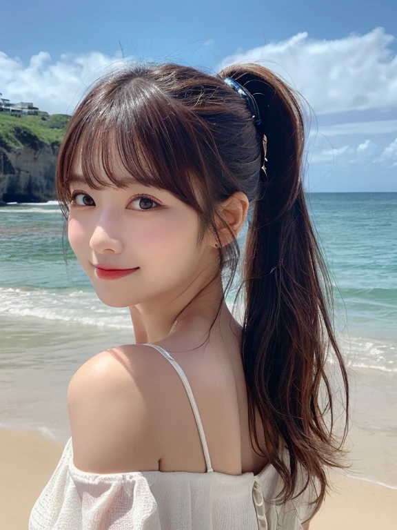 (masterpiece:1.3), high resolution, ultra detailed, extremely detailed CG unity 8k wallpaper, realistic, photo-realistic, RAW photo, beautiful detailed face, pale skin, realistic glistening skin, detailed cloth texture, detailed hair texture, Perfect body, Beautiful Face, accurate, Anatomically correct, Highly detailed face and skin texture, natural neck length, (beautiful hands), (fair skin:1.1), (well-aligned teeth:1.1), (Sweaty skin:1.2),
BREAK,
Detailed eyes, symmetric eyes, Light Brown eyes, Double eyelids, Thin eyebrows, (Glossy lips:1.4), ((A face with waiting for a kiss:1.2)), (blush:1.1), (A sparkling small hair accessory:1.1), (beautiful smile:1.1)
BREAK,
(A classy and Cute girl:1.3), (nude, nsfw, nipple:1.4),
BREAK,
medium large breasts, slender figure, firm abs,
((ponytail, Dark blonde hair, wavy hair, long hair, asymmetric bangs:1.2)), (looking at viewer), (cowboy shot:1.3), From above,
BREAK,
((Standing by window)), (((A view of ocean outside the window at noon:1.3))),