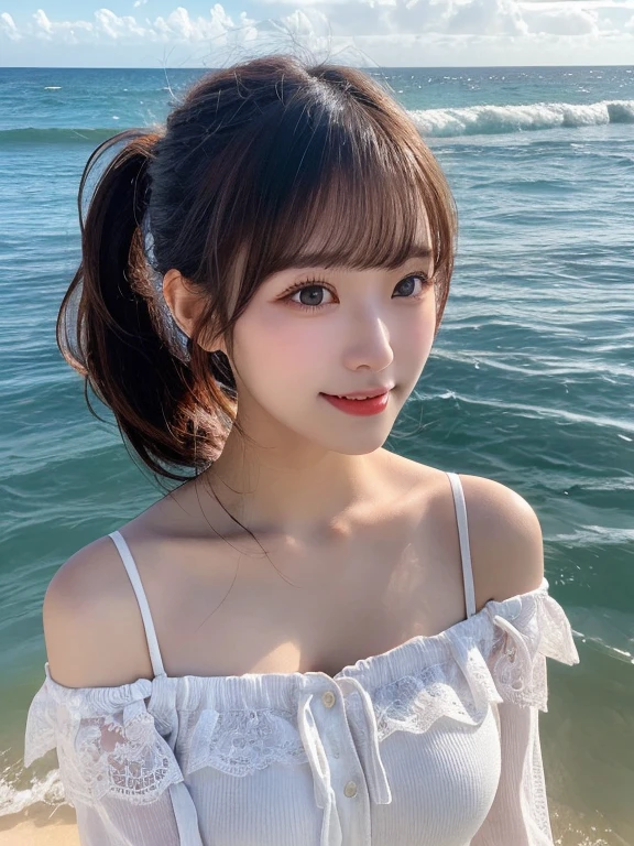 Blushing smile、(Top quality masterpiece:1.2)Delicate illustrations、18 year old Japanese girl、Cute hairstyle with high twin tails
、Sea and sandy beaches、
idol、Girlfriend feeling