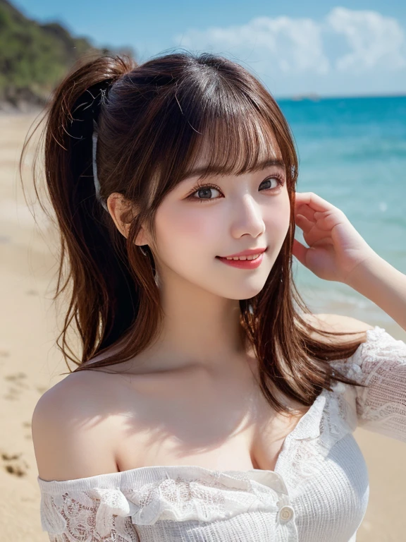 Sexy、Sexy and cute look and cute 18-year-old beautiful girl, Beautiful and sexy face、A strong wind blows my hair in front of my face、She has beautiful, cute and sexy eyes hidden behind her long bangs.,(Beautiful long white beige straight hair)、See-through