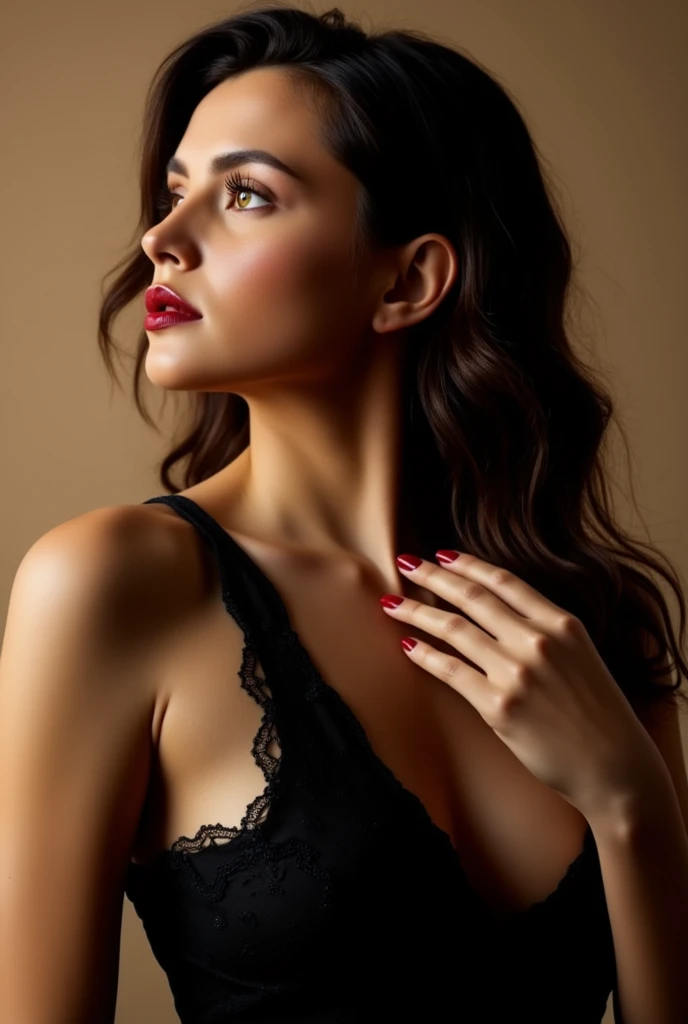 Generate an image of a brunette woman making an "L" shape with her hand in front of her panties in a sexy way