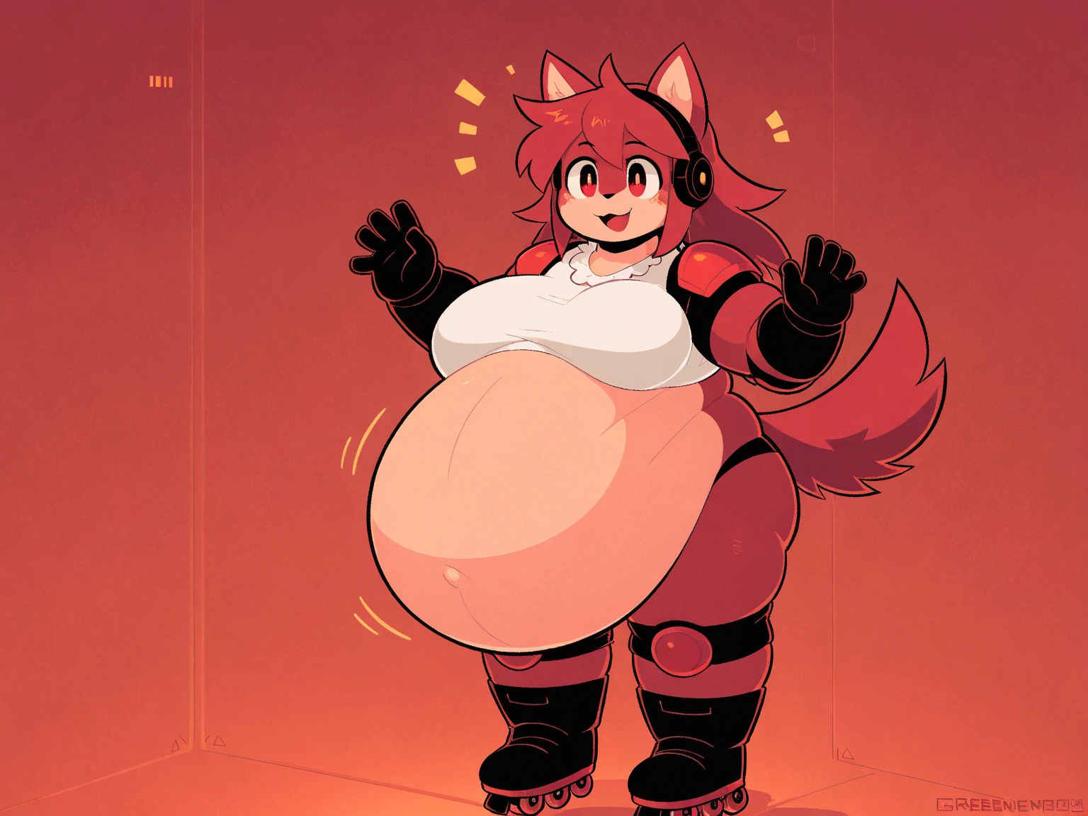 anime character holding a can of soda with a cat on it, holo is a fox girl, fox nobushi, kitsune holding torch, kemono, annie from league of legends, anime girl drinks energy drink, with kitsune mask, akane owari danganronpa, 1 3 5 mm!!, furry anime, epic anime style, Fluffy and Fat Face, Big Butt, Big Cheeks, Obese Body, Sexy, Obese Girl, red hair