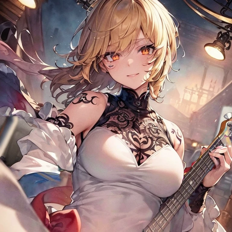 masterpiece, highest quality, Illustrations for novels, High resolution, 18+ Adult content, Sensual, Intimate, Emotional, Passionate, romantic, sweet, Adorable, Innocent, Pure, Fascinating, Fascinating, attractive, Mysterious, Fascinating, Fascinating, Immersive, Fascinating, dream-like, Surreal, Imaginative, Whimsical, artistic, Avant-garde, timeless, elegant, Sophisticated, chic, Sophisticated, Individuality, original, Fascinating、(guitarist:1.3)、Female Band、Live、((Upper Body:1.3))