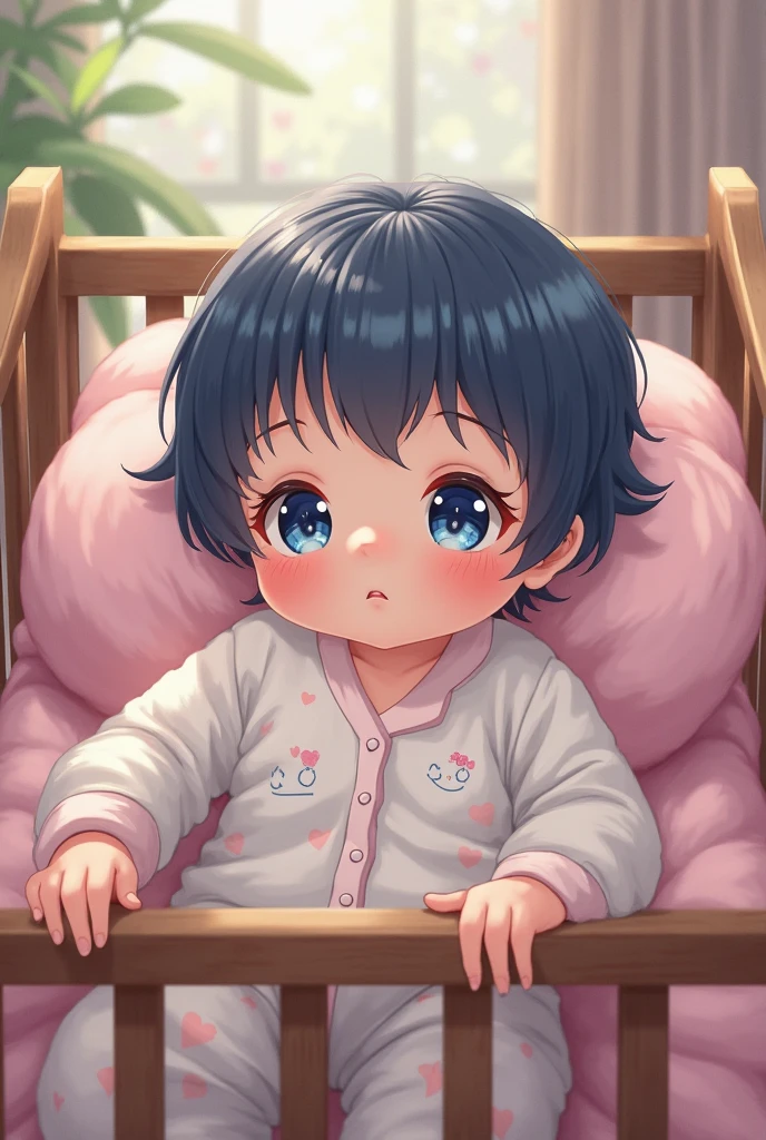 cute cute little boy he is 4 years old and has blue eyes cute anime style art He's sitting on the floor