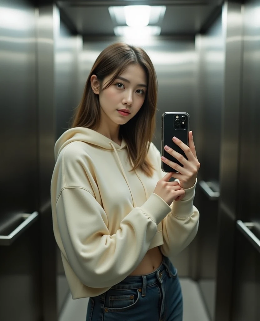 A girl, beatiful face, Standing in the elevator, With phone, gray eyes, nsfw