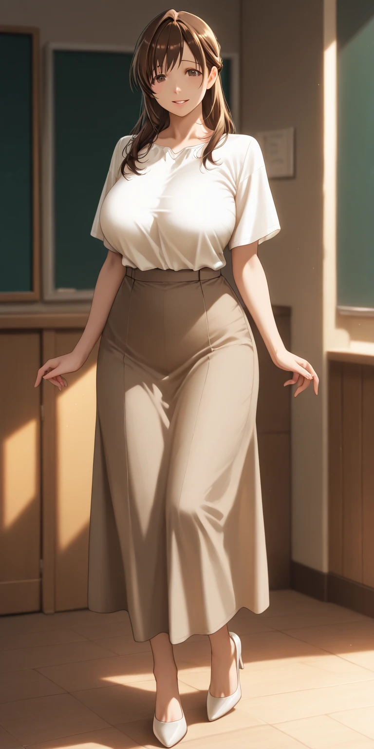 Drawing lips correctly, Red lipstick, From the chest up, best quality, Very detailed, lifelike, Super delicate skin, Perfect anatomical structure, (Women in Asia in the workplace), (Solitary),Wear a shirt,Long sleeve,Pants,Long wavy hair,37-year-old female,Mature,Charming smile,Indoor background,Standing,Leg length,Chubby,Large Breasts,Standing up,full-body shot