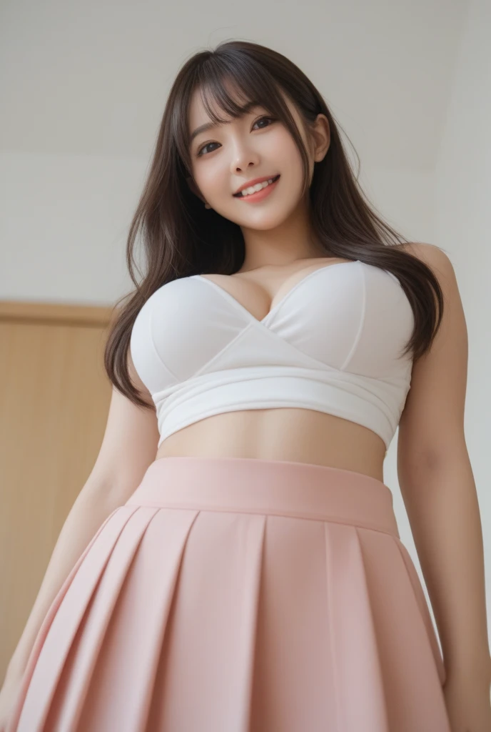 Beautiful girl, beautiful model figure, Open your shirt and bare your chest.(No bra.)Saw big, beautiful breasts., Lift up your short skirt.(No panties.)The front cliff is high and tight., Stand with your feet up and face the camera.