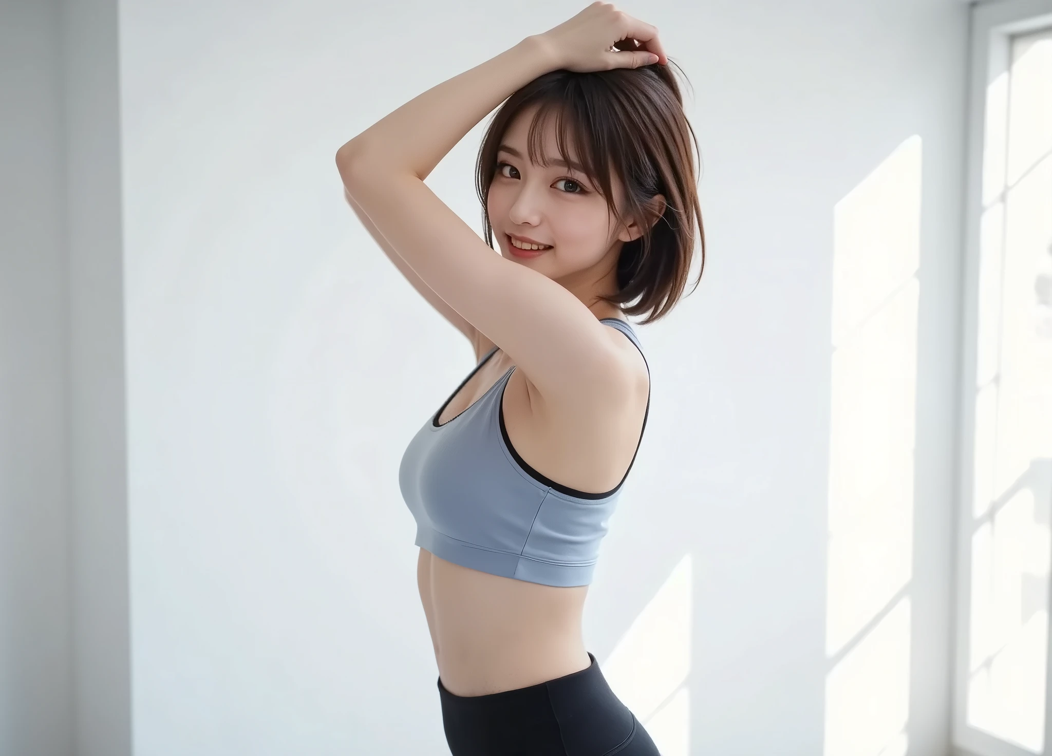 (armpit 보여주기、surrealism、armpit、armpit 주름 디테일、armpit 모공 디테일、현실적인 armpit 피부、검은 armpit 피부、검은색 armpit、showing my whole body、white panties), (enlightenment), (highest resolution), (8K), (very detailed), (The best enlightenmentns), (armpit 자세、beautiful and delicate eyes), (top quality), (very detailed), (masterpiece), (wallpaper), (detailed face), (smile、(17 year old girl, 디테일한 armpit, 사실적인 armpit를 보여주세요,))brown hair,Short hair,Girl wearing a sleeveless dark blue sweater, korean,

