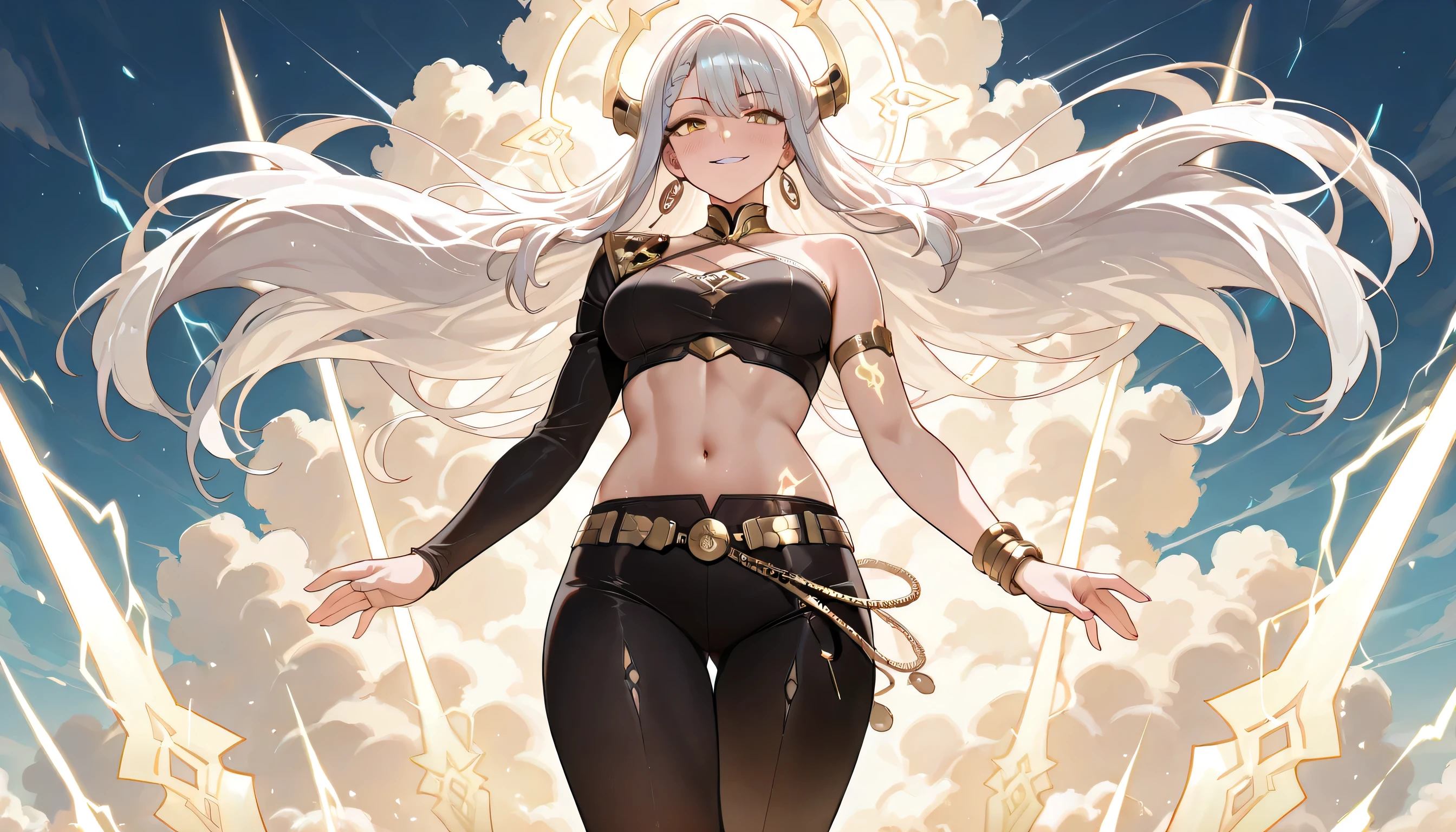(masterpiece, best quality, ultra detailed, high resolution, anime-style, 4K), A majestic female version of Zeus standing at the peak of Mount Olympus, clouds swirling around her feet. Her face is symmetrical and sharp-featured, with high cheekbones and a defined jawline. Her golden eyes glow with divine power, narrowed in disdain. A subtle smirk curves her lips — a quiet, confident expression of superiority. MIDRIFF, black legging, A young woman is drawn in a 3/4 view, facing slightly to the right. Her left eye is fully visible, while the right one is partially hidden due to the angle of her head. Her nose bridges slightly out from the center, and the mouth follows the curve of the jaw Golden eyeliner and glowing facial markings enhance her celestial beauty and godly arrogance. She has a powerful and athletic body with feminine muscle tone, smooth bronze skin, and flowing platinum-white hair waving in the wind. Her glowing golden eyes radiate godly dominance. She wears a loosely draped, black translucent Greek silk chiton — semi-translucent and flowing, cinched at the waist with a golden rope belt. One shoulder is , revealing a toned arm and part of her , exuding both grace and strength. The silk fabric dances in the wind, revealing glimpses of her muscular legs. In her right hand, she raises a crackling, divine lightning bolt to the sky. one small braid tucked behind her right ear,. Her face is regal, fierce, with golden eyeliner and divine glowing tattoos running subtly along her collarbone and arms. She stands tall, chin lifted slightly, commanding the skies with her presence. Behind her, divine thunderclouds swirl with flashes of lightning, while the ancient marble columns of Olympus fade into mist. Cinematic lighting highlights her powerful figure against the stormy sky. Pose:heroic, powerful, with wind-blown garments and divine aura. Style: anime, mythological fantasy, Greek goddess elegance. she ride on cloud,
