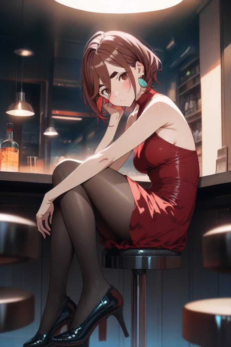 ((Best Quality)), ((masterpiece)), (Very detailed), 1 girl, with a short red dress, neckline, crossed legs, sitting, in a bar, 21 years, white panties,black heels,((Whole body)),((view from below))