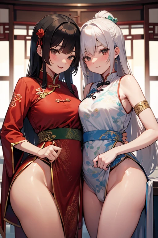 absurderes,(​masterpiece、top-quality、8K ),intricate detailes,ultra-detailliert、one girls、A slight smil、(beautiful countenance、long lashes、Slender eyes、Hanging,Lustrous lips:1.4),((double bun hair:1.4)),((Red cheongsam、side slits:1.4)),(shiny white skin:1.3)),thighs thighs thighs thighs,Chinese Traditional Room、Hyper realistic,Perfect Anatomy