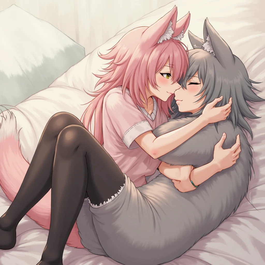 Dog Boy and Fox Girl,There is no hair, 4K quality, cry on the bed, (A sweet, melting kiss)