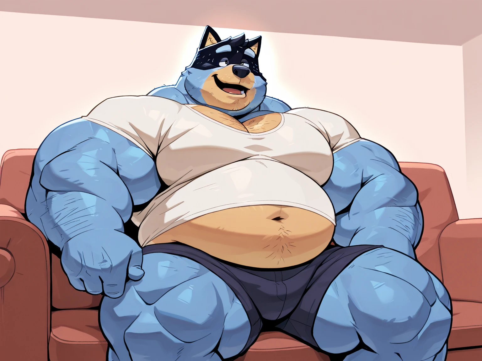 (by dramamine, by haps), mature male, old chubby bear, obese male, (Blue fur:1.2),((facial beard)),(hi res, best quality, high quality, detailed, shaded, shading, masterpiece:1.2), detailed red eyes, detailed clothing, smirk, seductive smile, hairy chest, glasses,inside office,(green pattern boxers:1.4), (black Open shirt:1.5), (necktie removed),(black socks:1.2),(discarded clothes)