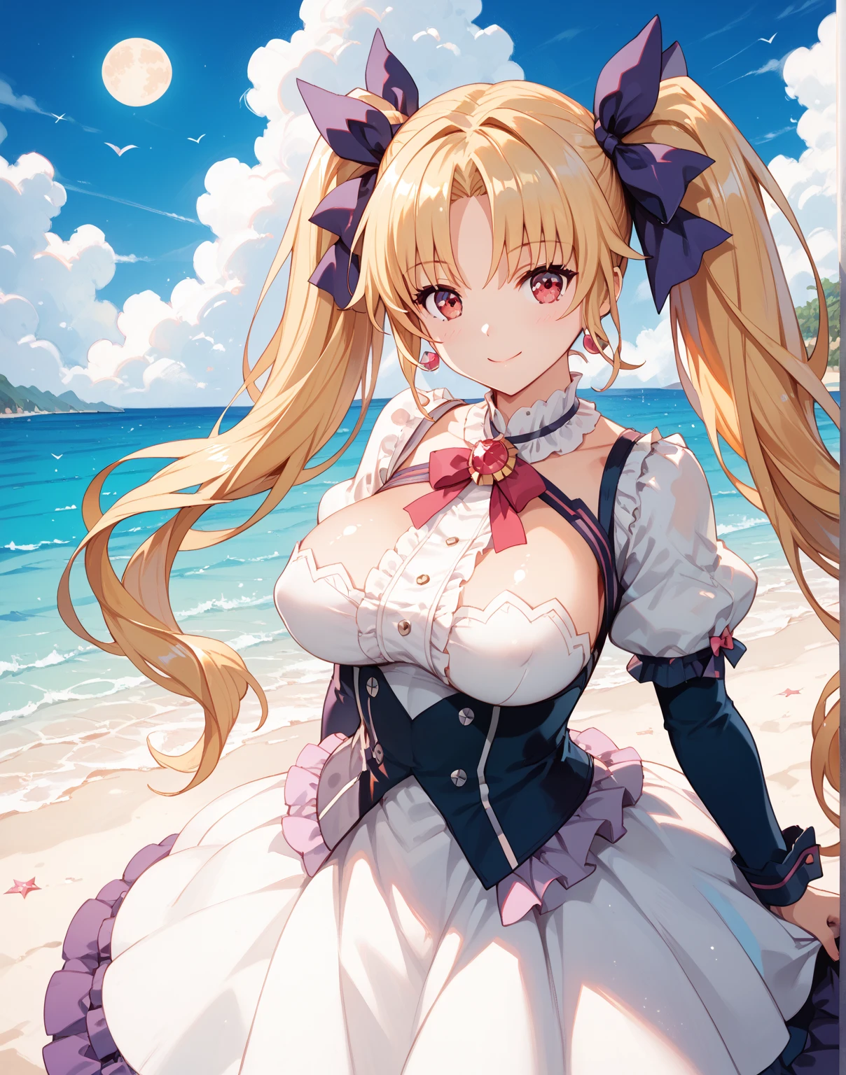 Girl、Bob Hair、Blonde、Metallic blue eyes、(((Big Breasts、Huge breasts)))、Blue bikini with little fabric、Metallic costumes、smile、Futuristic parts、Gauntlet、blue sea、Sandy Beach、Bunny ears headband、pose、Upper Body、