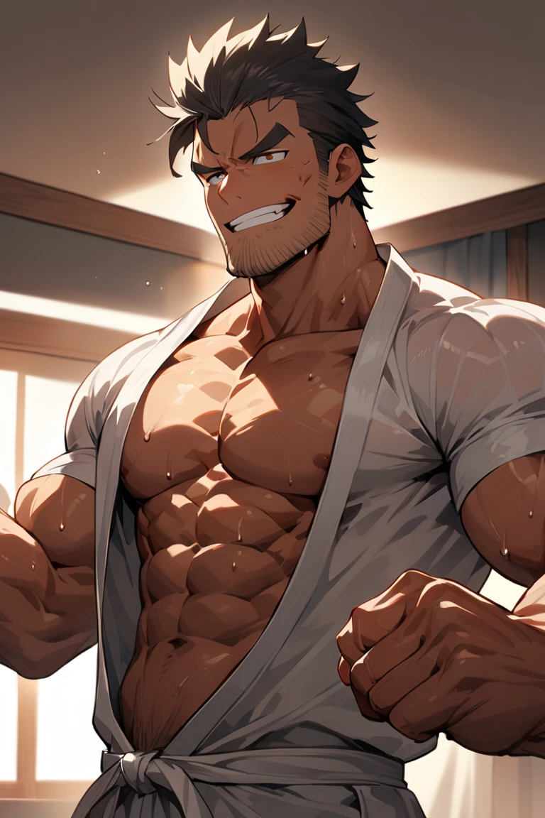 （The main character is taller than anyone else），（Wearing a sleeveless shirt and briefs），（masterpiece，best quality），1 person，boy，very shy，Face turned red，indifferent，muscular，delicate eyes，nude，(nude)，blue eyes，，short blue-purple hair，（Fluorescent lamp），Robust，Dark brown skin，（a color），（（In the dressing room）），multiple people，（hands hang down naturally），Turn slightly sideways，Anime ，anime wallpaper，Dilation of the pectoral muscles，Espalhe as pernas，sexy,(master part, best quality)，((Exaggerated bulge of muscles))，The protagonist very tall and his head almost reaches the ceiling，muscular characters, super buff and cool, tall and muscular, muscular!!, very buff, muscular attractive men, massive muscles, big muscle, Muscular men, anime handsome men, muscular!, gigachad muscles, muscular bodies, muscular character，