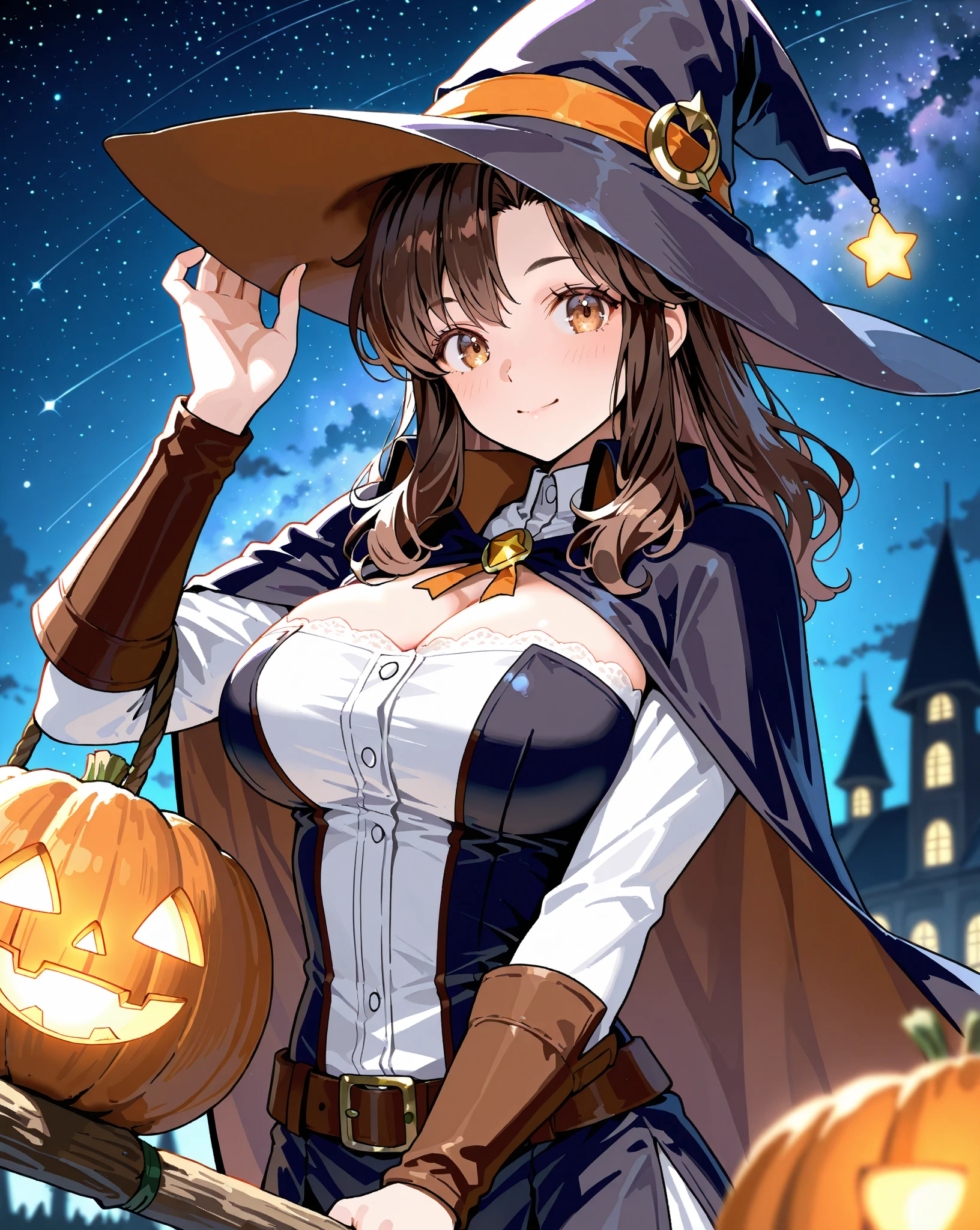 Beautiful woman　　Big Breasts Beautiful Black Dress
　　黒Brown Hair　smile　　Masterpiece extremely beautiful 22歳　magic light magic circle、Magical chant、Magical powers High-definition depiction, Realistic, 8k, Unity, wide shot, light smile, Beautiful and clearly painted, explosion, beautiful  witch, , witch clothes, Countless rays of light falling down, swirling light, big explosion background, one arm up over head, Intense light is emitted from the magic circle in front of the girl.