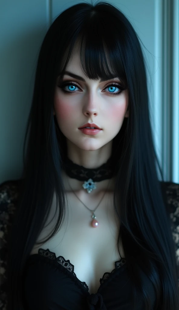 Pretty woman looking at viewer stunning blue eyes white skin eyeliner , gothic makeup thick and voluminous lips, lipstick ?????,  big tits and voluptuous, Image 1.2 high resolution 12k NSFW 