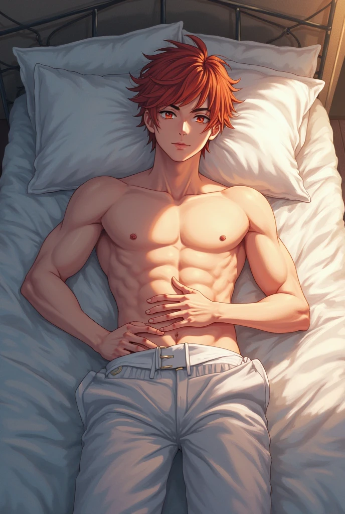 Boy sleeping on his back on the bed(、Levi Ackerman)、Sleep、Pink Hair、T-Shirts(white)、boxer shorts(gray)、Between the legs(bulge)、erection、Sweat、Humidity、tears、hot、blush、See-through nipples、orgasm