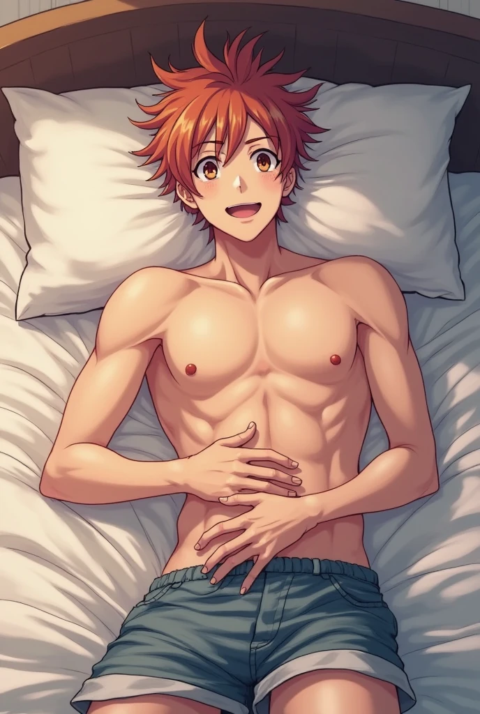 4k best Quality, アニメ, 1 cute male, Straight and Long Red Hair with Blue Highlights at the Tip, Kalvin Klain Black and Red Underwear, protuberance, wearing no shirt, naked legs, smiling, Lying in Bed with Hand on Chest.