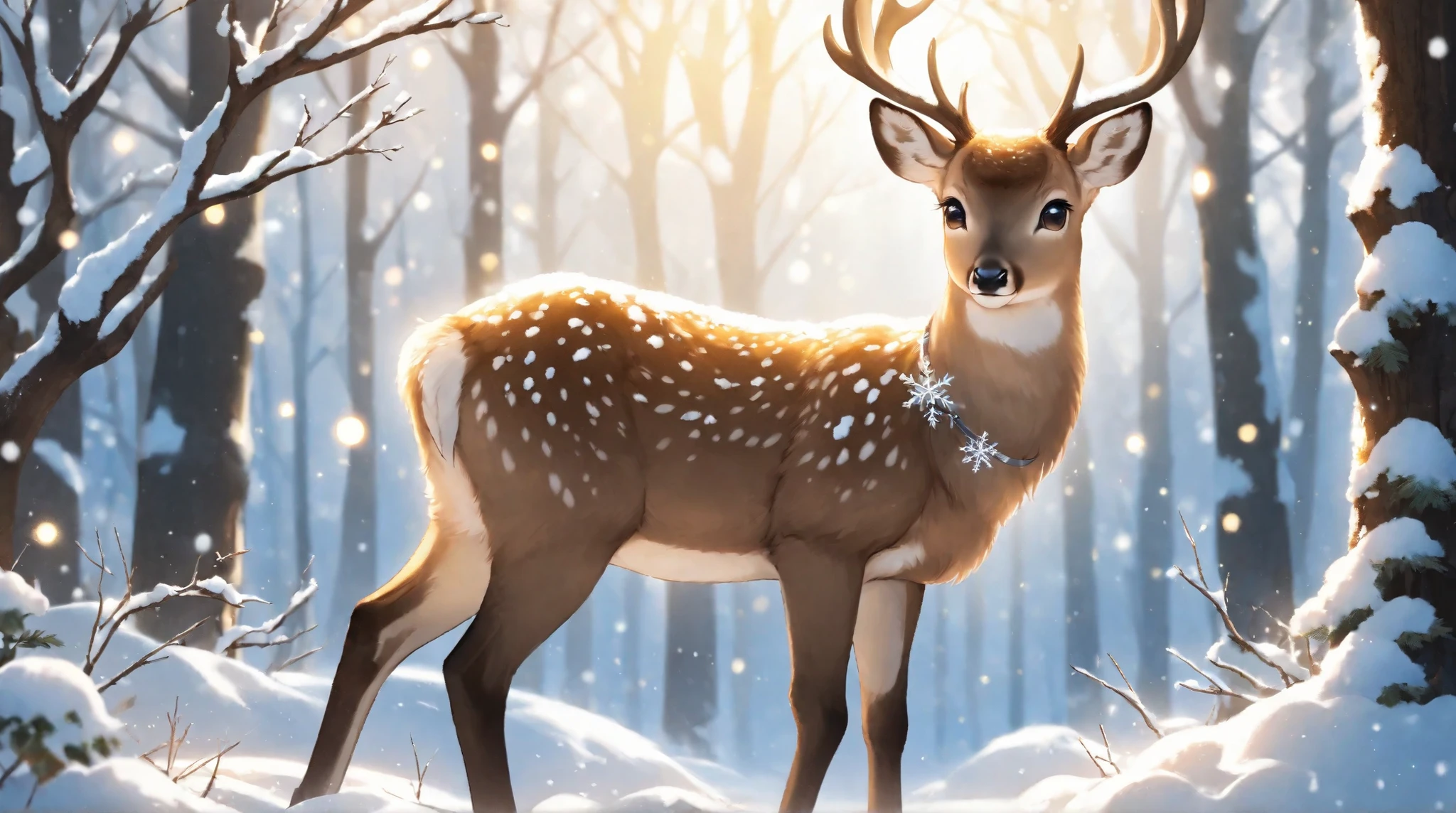 A cute, fluffy, light brown deer fawn covered in sparkling snow, with large, expressive eyes, delicate antler-like branches, and a small snowflake-shaped ornament on a collar, standing in a snowy forest scene with soft, golden bokeh light filtering through the trees.