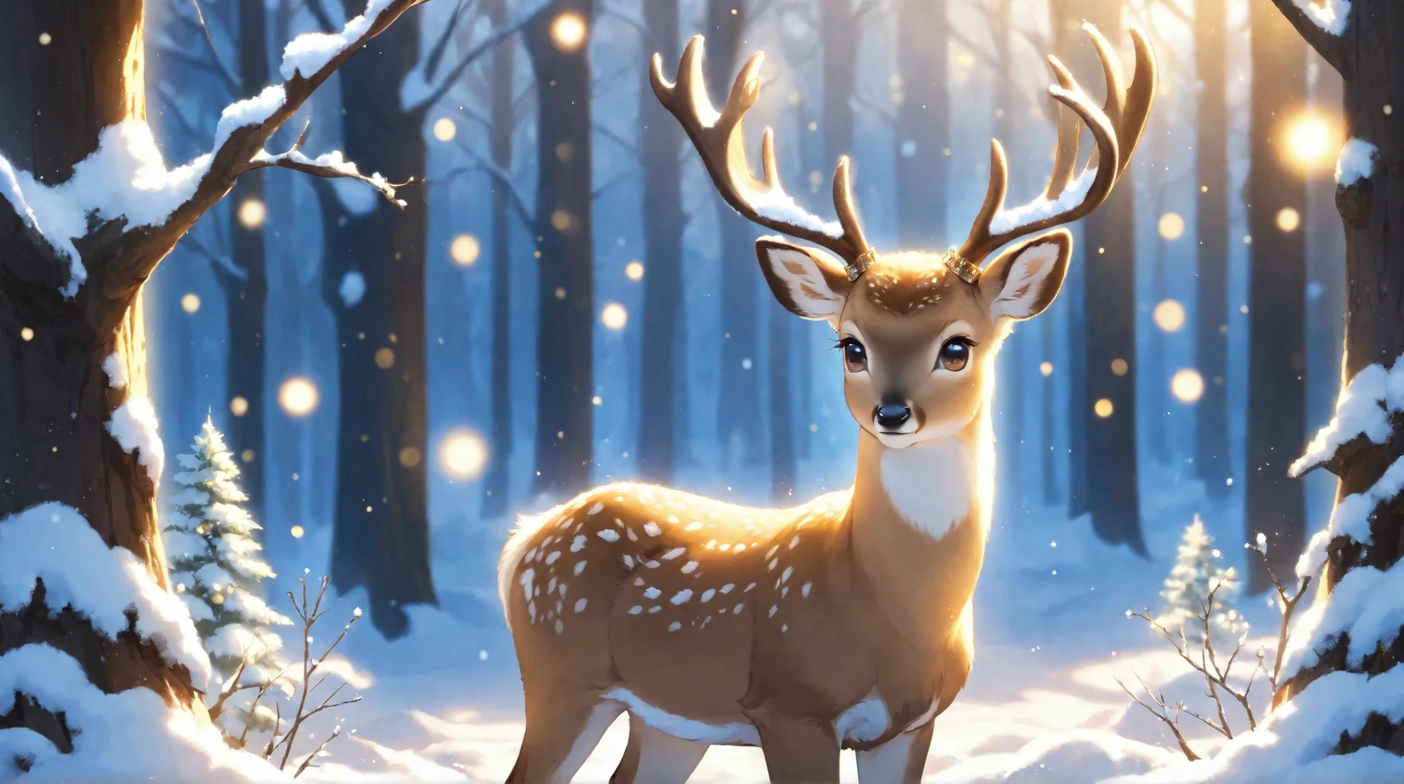 A cute, fluffy, light brown deer fawn covered in sparkling snow, with large, expressive eyes, delicate antler-like branches, and a small snowflake-shaped ornament on a collar, standing in a snowy forest scene with soft, golden bokeh light filtering through the trees.