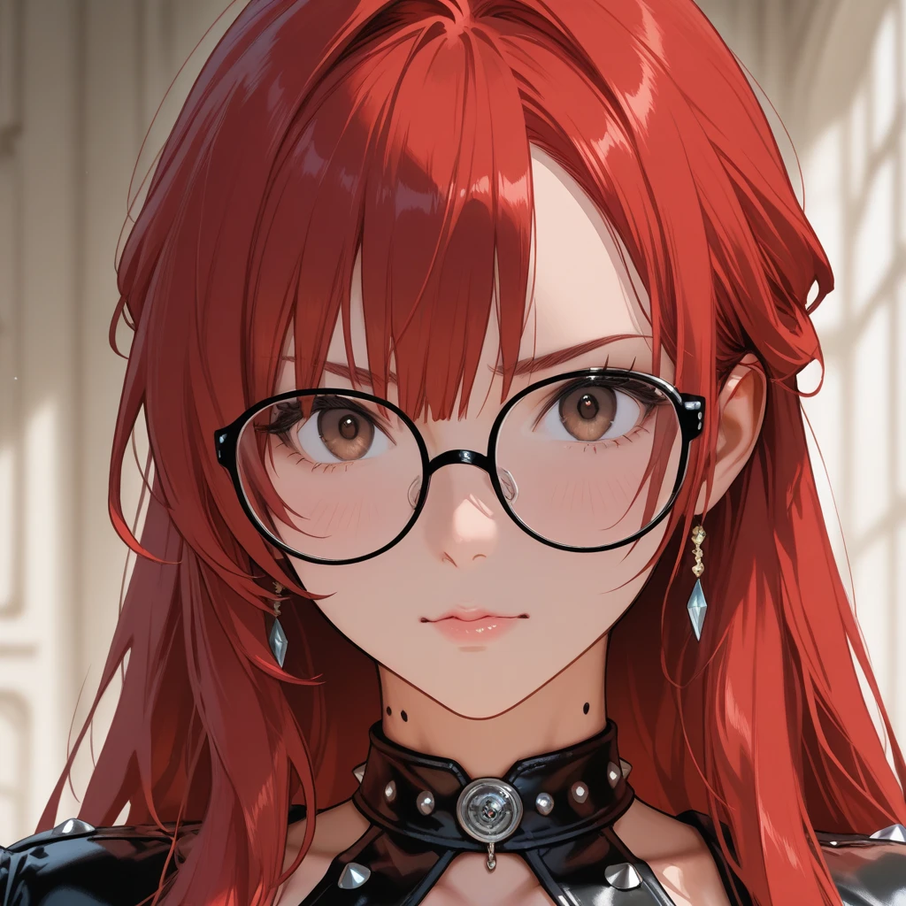 (masterpiece, top quality, Best quality, official art, beautiful and aesthetically pleasing:1.2), (1 girl, smile), Extremely detailed,colorful,The most detailed,Cute, Short, Red hair, green eyes, metal frame glasses. ((elegance. photorealism. Unreal engine. 3d model. Ultra high quality textures. High detail. 8k resolution))