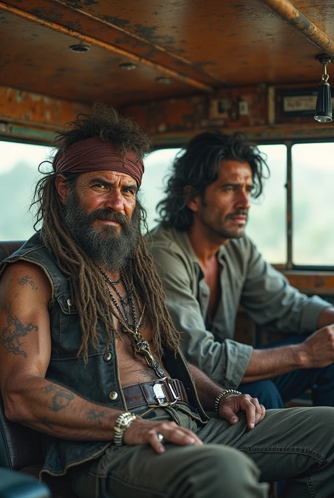 Create a 2 man with the appearance of a drug addict in a car with hippies
