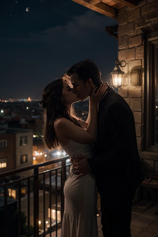 The man in his 45s with black very short hair and smooth face with moustache. The woman in her 45s wit brown long wavy hair. Romantic. Sensual. Passion. Night, dark, dim. Ultra realistic.