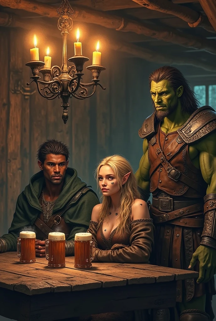 in a medieval tavern, 1 female human, 1 male elf, 1 male orc, 1 dragon humanoid, 1 female halfling. bidding farewell, detailed, cinematic lighting, intricate details, warm color palette, moody atmosphere, fantasy art