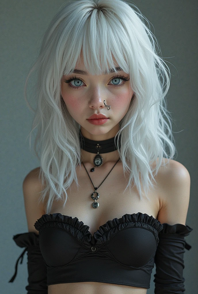 "(Best quality, 8K, 32K, table:1.3), ultra detailed, (Photorealistic:1.4), white colors, albino, punk girl, detailed eyes, Upper body, White punk hair, Edgy punk fashion, Avant-garde make-up, Numerous piercings, Heavily tattooed body, Bar background, Realistic effect, shallow depth of field, Photography effect, realism