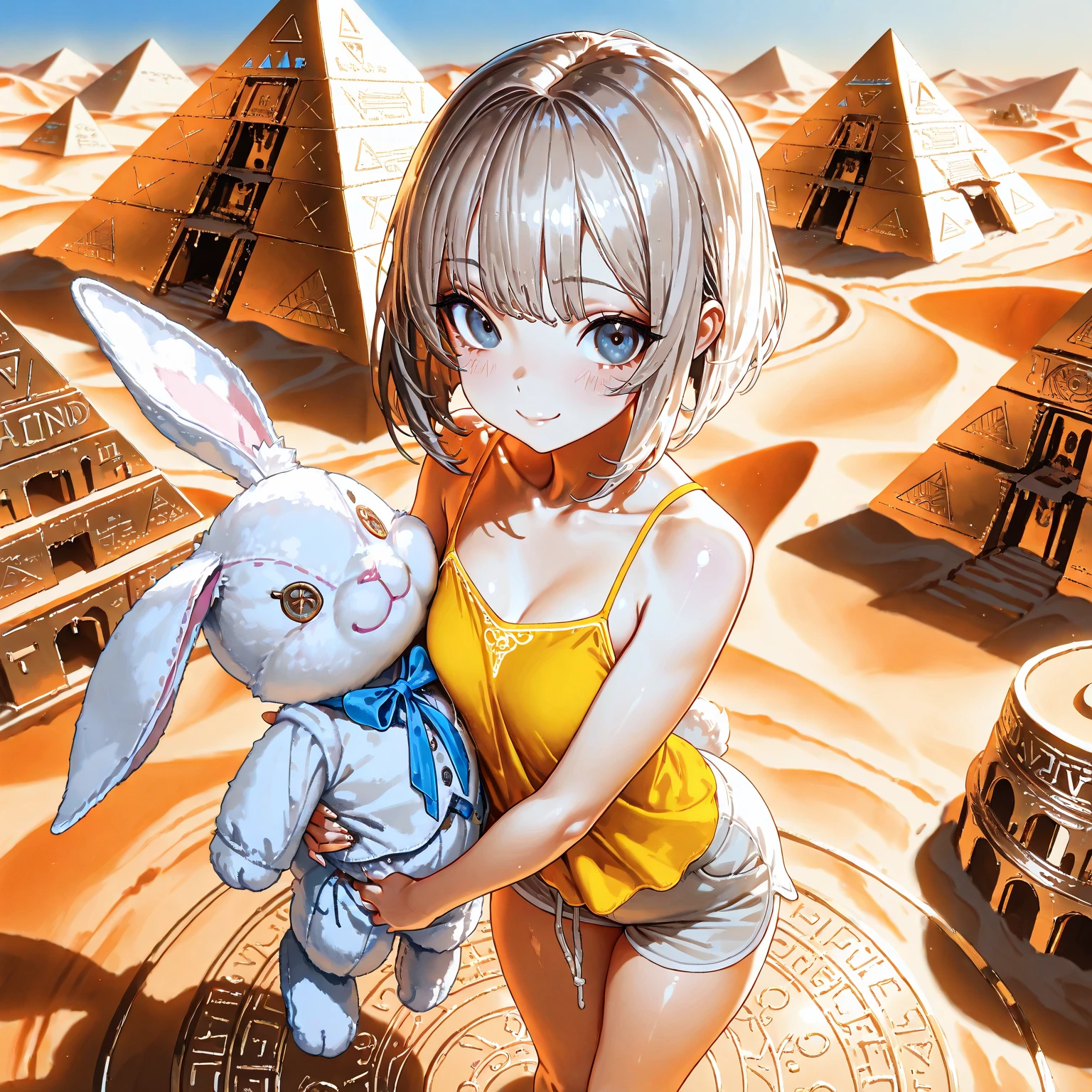 two girls back to back,in the desert dunes , Sunny Day , naked , ultra HD, 8K, body highly detailed, dazzling eyes, smallbreast, cat ears, cat tail, short in stature