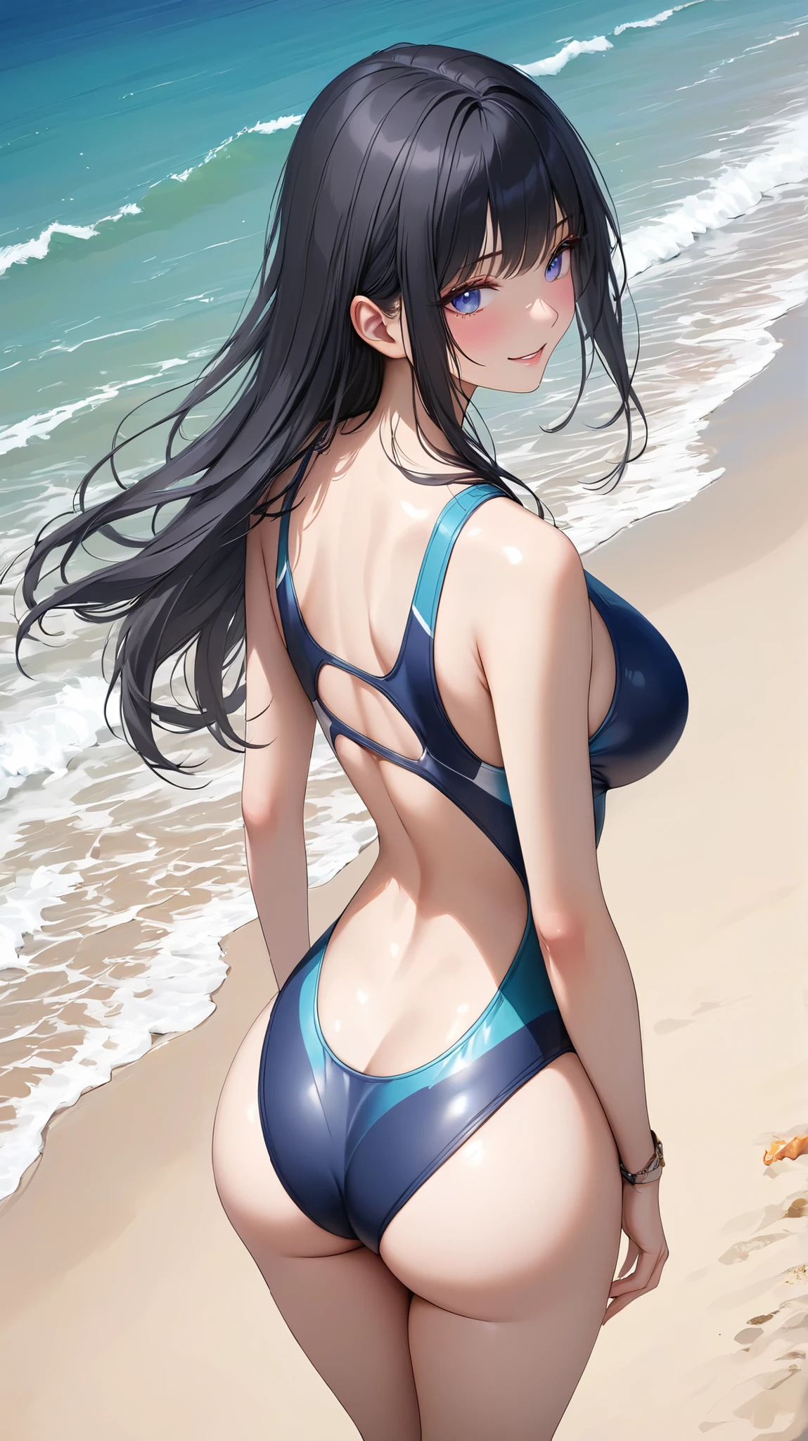 masterpiece,Highest quality,High resolution,shape,Very detailed,8k CG wallpaper,One Girl,Ray Tracing,Beautiful breasts,Long black hair, Black oversized swimsuit,White background,Her butt is facing me,Hands in hair,Turning around,profile