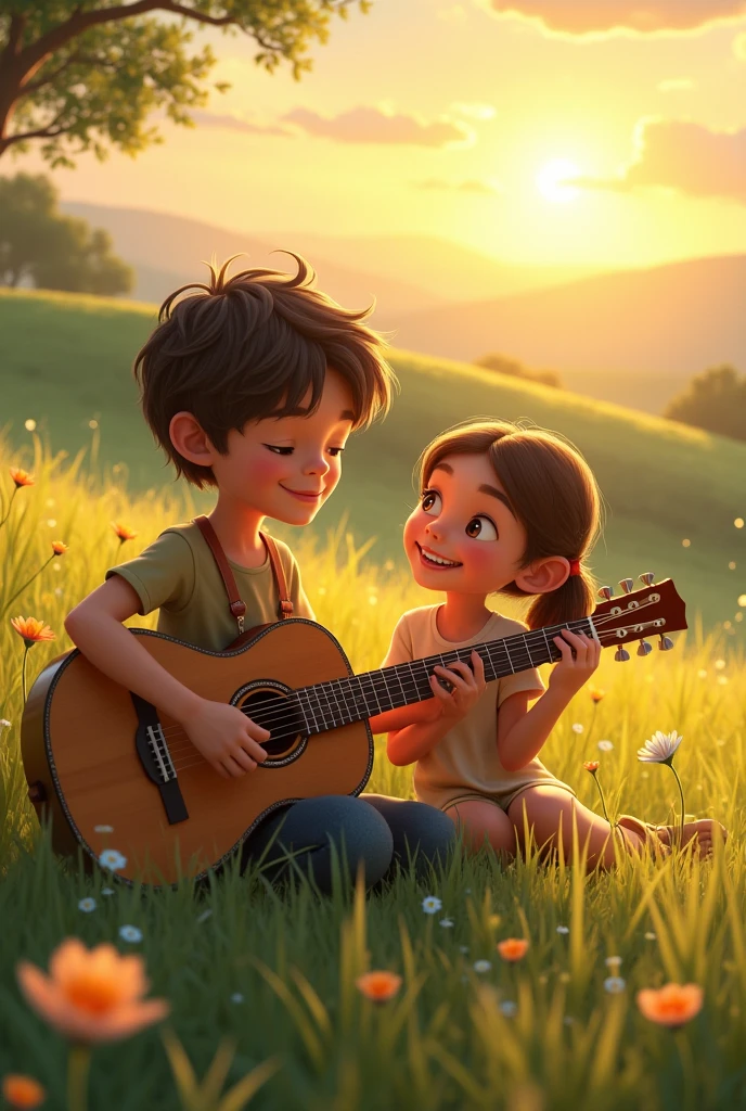 painting of two cheerful, lively, happy, celebrating children, sitting on a wooden platform on the clay floor, playing guitar in a forest, 3d drawing of friends, by Craig Davison, by Elaine Hamilton, playing little viola, by Orshi Drozdik, in the style of Shrek movie, animated film still, 3D animated film still, adorable disney pixar digital painting, by Eugeniusz Zak, cute art, by Nándor Katona, masterpiece, high quality.