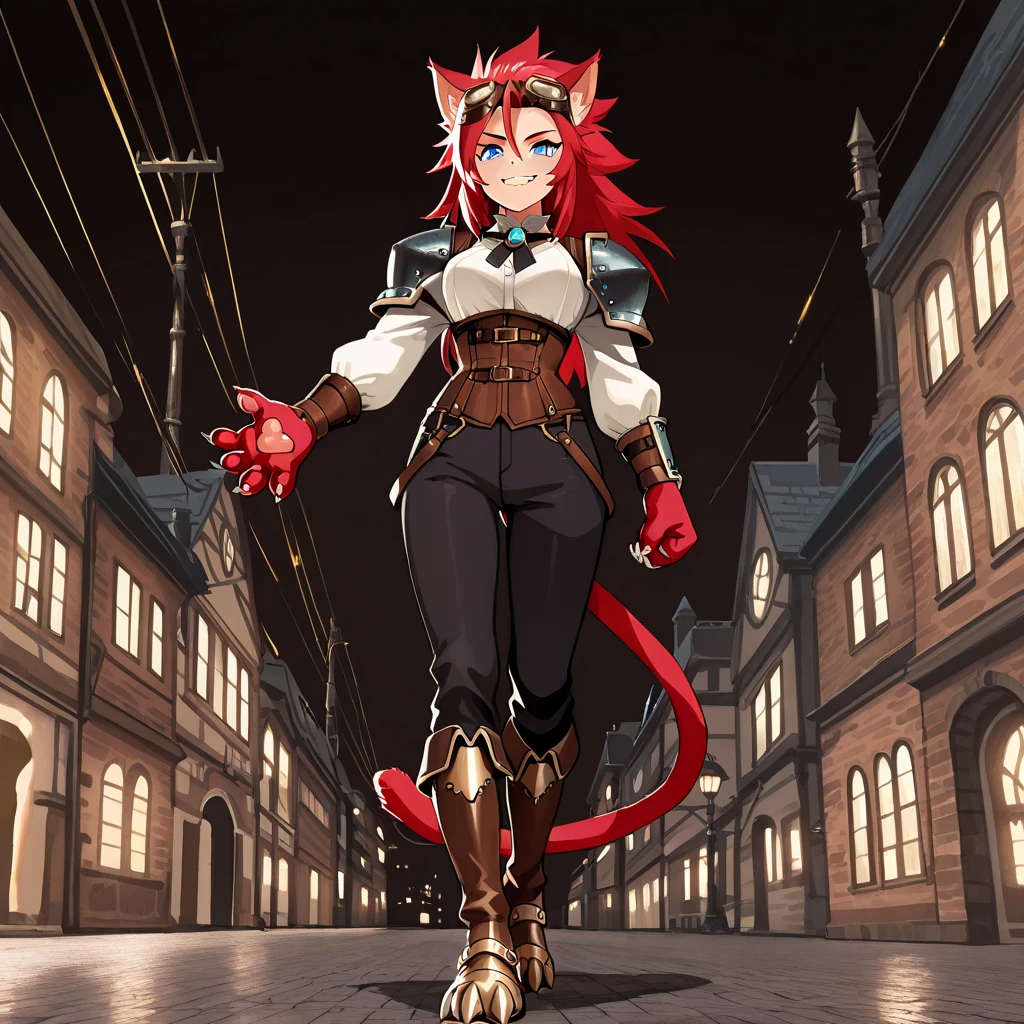 ((solo:5.5)), best quality, masterpiece, 2d, intricate details, anime, anime style, full body picture, ((three-quarters view)), catgirl, 1girl, red hair, spiked hair, blue eyes, enchanting eyes, wild hair, long hair, fanged smile, animal ears, red ears, red cat tail, cat ears, thighs, red hand paws, short hand claws, wearing steampunk armor, shoulder armor, wearing bracers, white shirt, brown corset, goggles on forehead, dark pants, (clawed boots, four claws), victorian city at night, dark city street, black night sky, electrical overhead wires
