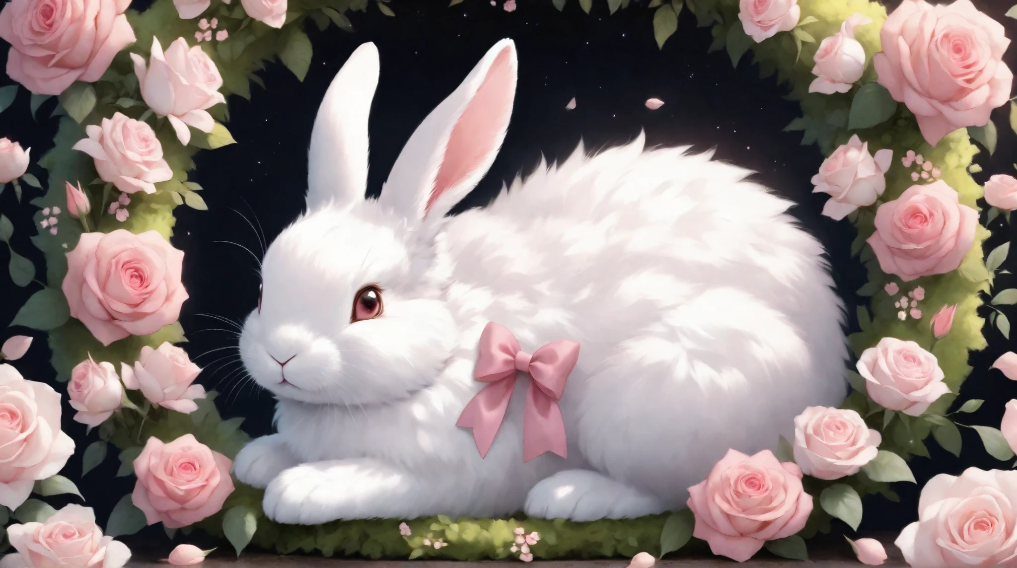 Cute, fluffy white rabbit with a pink bow, nestled within a wreath of delicate pink roses and small, light pink flowers; soft, pastel pink and white color palette; realistic fur texture on rabbit and flowers; detailed, cartoon-style paws; cheerful expression. , Ghibli Dark Fairytale,DarkAtmosCE style