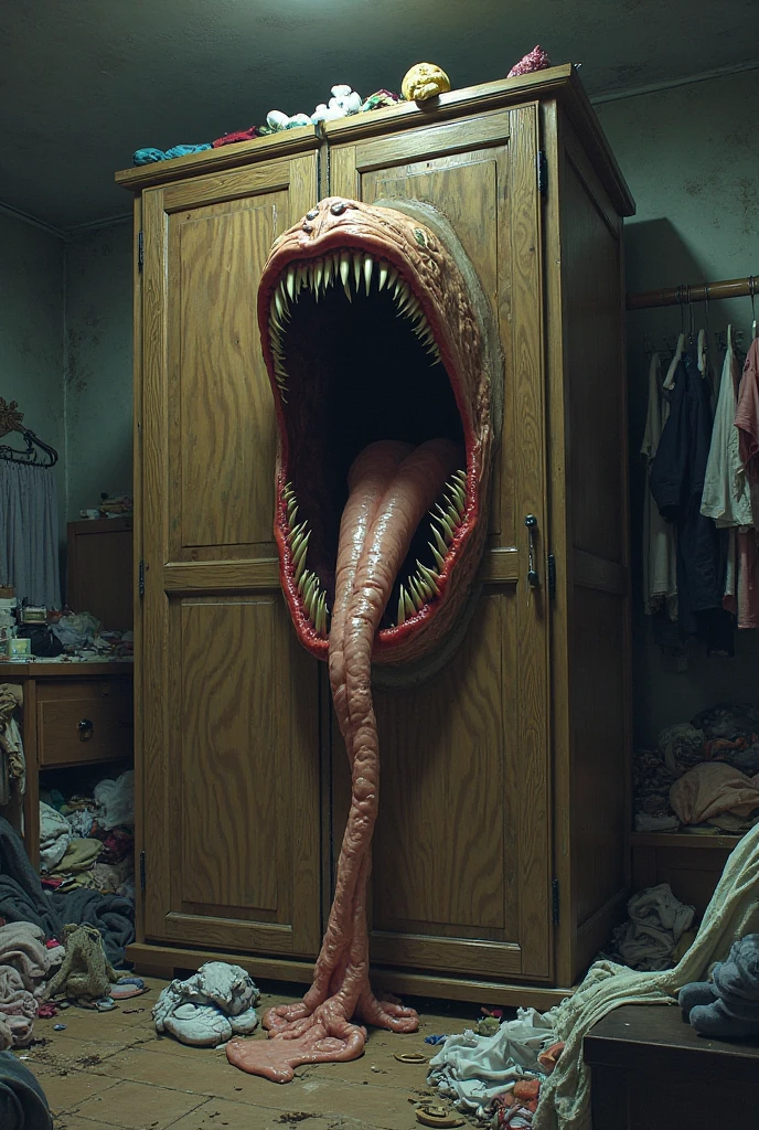 Score_8, score_9, (detailed), photorealistic style, open closet door, creature inside closet, manyeyedhorrorai, dim lighting, fleshy monster inside closet