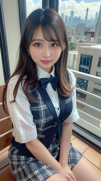 1girl, matured female, vest, bow, photo, realistic, best quality, hires, detailed face, office, buildings from window, detailed background, diffused sunlight, depth of field, bokeh