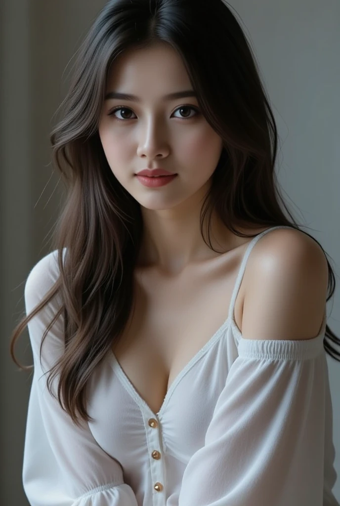 I am a 19 year old teenage girl, slightly large hips, long straight hair, ((hair detail)) (face detail), round face, smiling, masterpiece, high resolution, ((skin detail)), (face detail), (hair detail)), big boobs, innocent girl, Loli face, soft girl, beautiful breasts, pale skin, realistic lighting, (((Off-the-shoulder clothing))), (casual wear), cute hair accesories, show cleavage, (wearing a oversize tshirt), Ultra HD, ultra realistic, FHD,