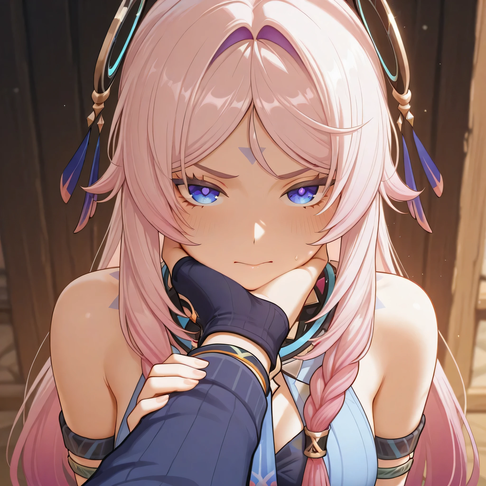citlali genshin impact, Eyes squeezed shut with a "nope" expression, holding up a hand to stop something, recoiling slightly in a cute way.