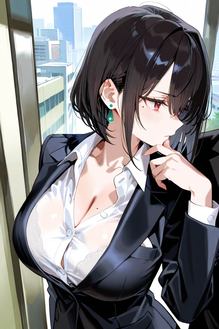 Off-the-shoulder attire,looks into camera,The upper part of the body,Black color hair,Serious,cleavage,Business suits,corporate offices