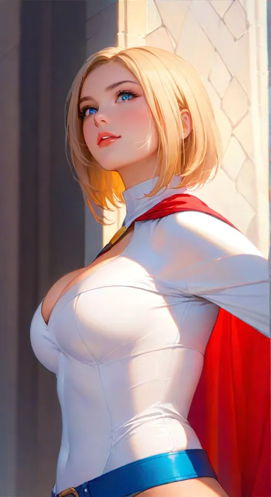 create a digital painting, 4k, best quality, SexyToon, A blonde woman with short hair and blue eyes wearing a white costume with red cape and blue gloves with the S symbol on her chest, very detailed, high quality, modern comic style