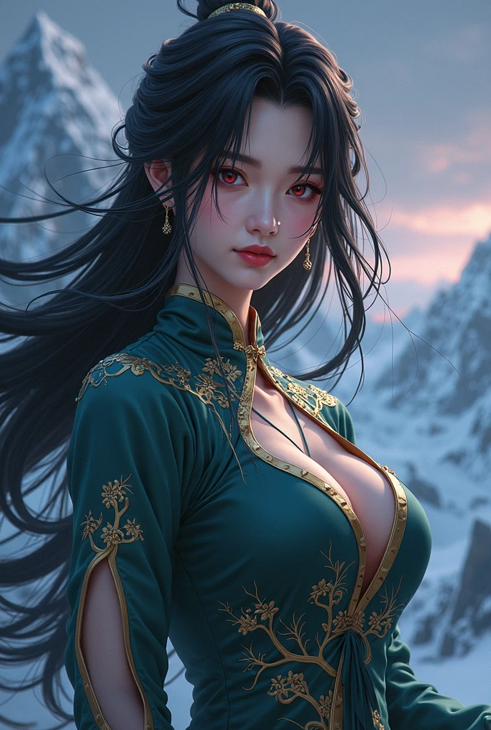 Ultra-realistic 8k CG,masterpiece,((ultra-detailed background, delicate pattern, intricate details)),best quality,very detailed face,extremely detailed eyes and face,(extremely detailed eyes:1.2),(masterpiece:1.2, best quality),MuzanFemale,1girl,red eyes,elegant gown ,black hair,solo,red lips,makeup,hair ornament,earrings,jewelry,solo,long hair,closed mounth,cinematic lighting,demonic ritual,demonic,red particles,detailed background,complex structures,hyperdetailed sharp face,dynamic pose,Sunny day,Sun,Light,Tindal effect,Ancient towns in Japan,Charming posture,Cloud,(fantasy illustration:1.3),enchanting gaze,captivating pose,otherworldly charm,mystical sky,soft colors,(detailed cloudscape:1.3),(high-resolution:1.2),ulzzang-6500,