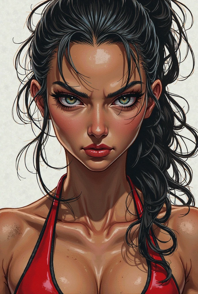 Character style illustration style Completely bare breasts showing a little fear Breast size Cartoon name: Isabella Cruz white background medium breasts freckled face Jennifer Connelly actress strong contours Physical description - long straight hair, tingidos de um marrom vibrante que contrasta com sua pele clara. - You reflect a mix of curiosity and determination. - Ela tem uma estatura alta, with a slender and agile figure, evidenciando sua agilidade e destreza. -fundo colorido Design de personagens de retrato, beautiful digital illustration, retrato de alta qualidade, Arte em quadrinhos, Corpo inteiro sensualizando ou pelada. folha de retorno. return sheet clothes of the day hellish day expression of hate and blood on the face