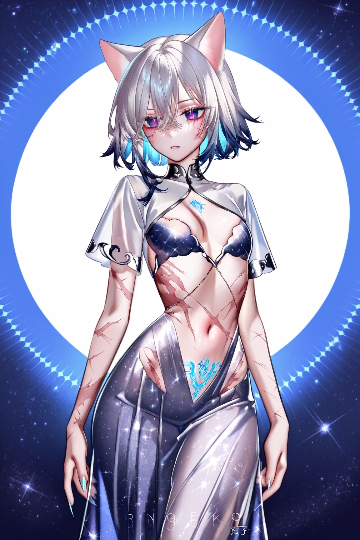 (silver hair、10 generations of women、brown skin、short hair、young、、small breasts、flat chest、smile)(transparent costume、shiny material、Transparent hero suit、Her chest is transparent、Transparent material that allows skin to be seen、thin fabric)lewd pattern、Womb Tattoo、Obscene lines、NSFW